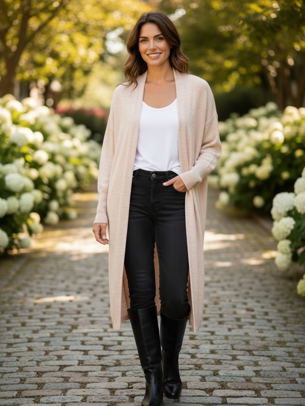 Lysse Long Open-Front Cardigan in oatmeal color with braided detail on the sides